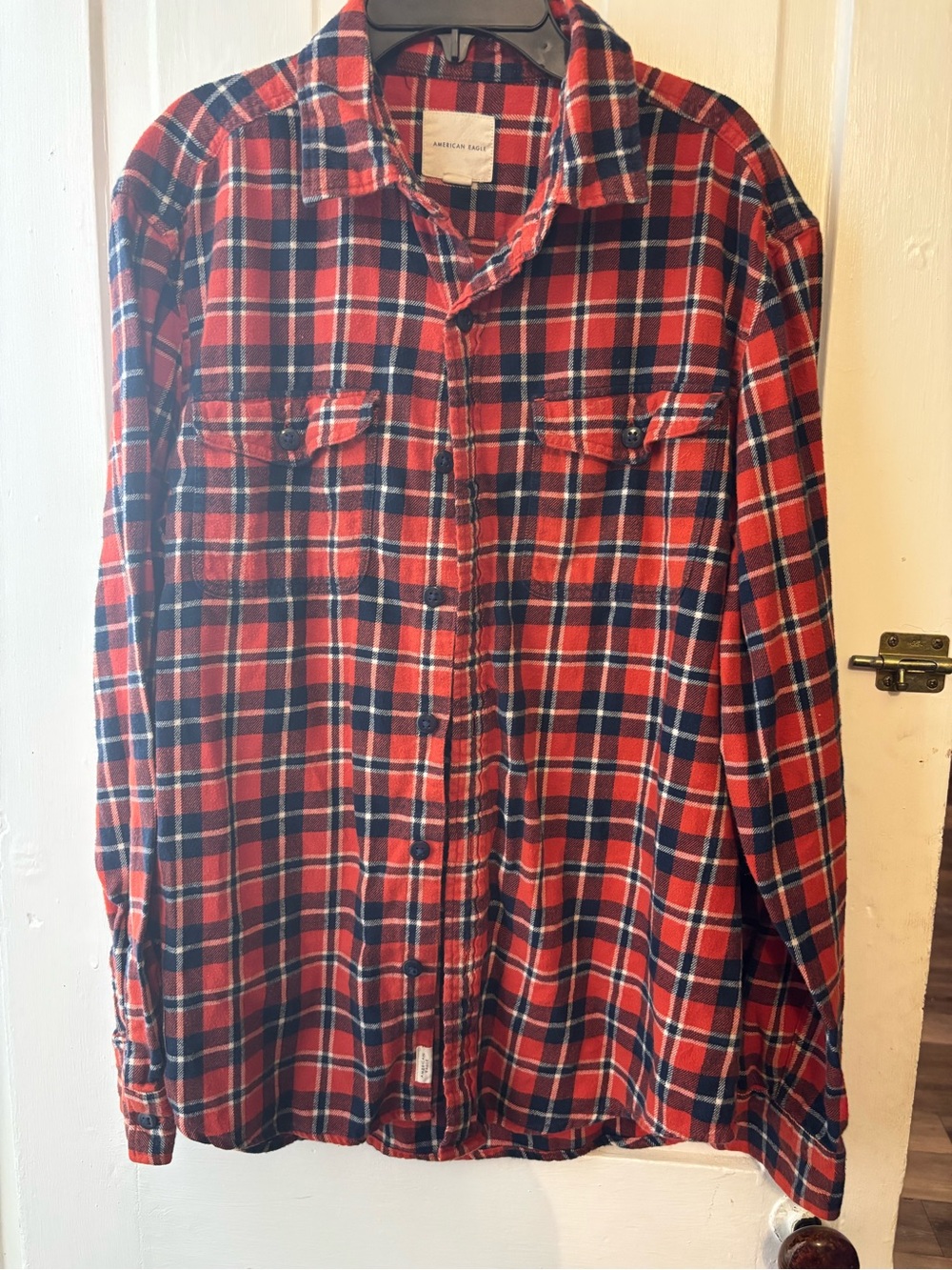 American Eagle Outfitters Red and Navy Plaid Flannel Shirt